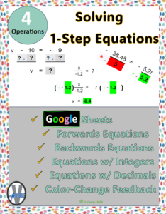 solving 1 step equations algebra practice math activity